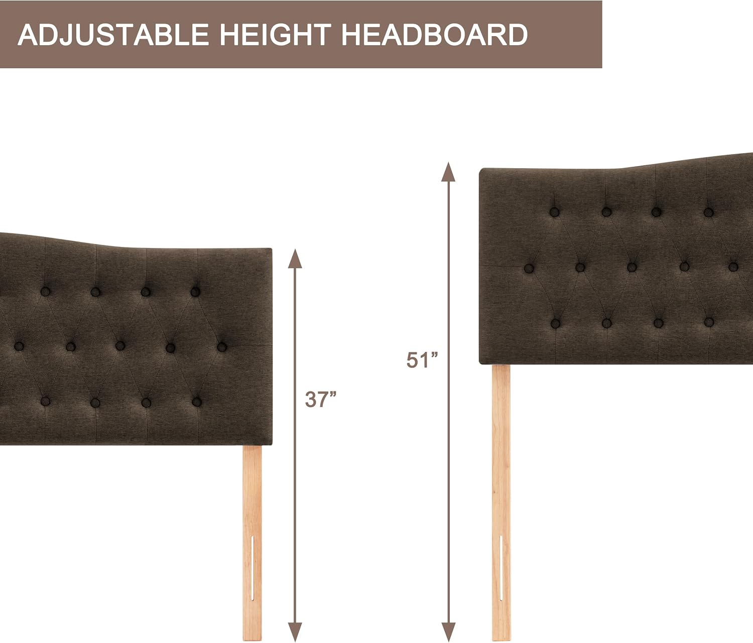 Huatean Home Tufted Upholstered Headboard Full Size, Sturdy and Durable Solid Wood Bed headboard, Fabric Headboard Adjustable Height from 37' to 51', Button Diamond Design Head Board, Chocolate