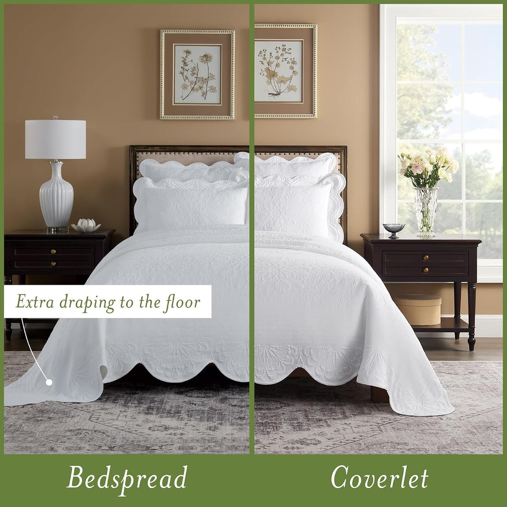 Charleston Estate Modern Farmhouse Floral Matelasse Bedspread with Scalloped Edges, 100% Cotton Breathable Bedding, Full/Queen, White Floral