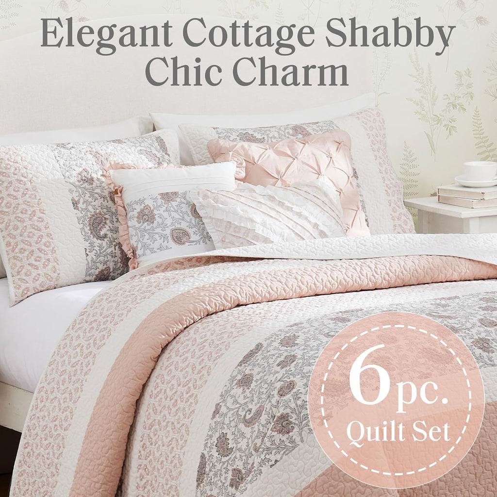 Madison Park 100% Cotton Quilt Set Floral Print, Double Sided Stitching, All Season, Lightweight Coverlet Shabby Chic Bedding Layer, Matching Shams, King/Cal King, Blush 6 Piece