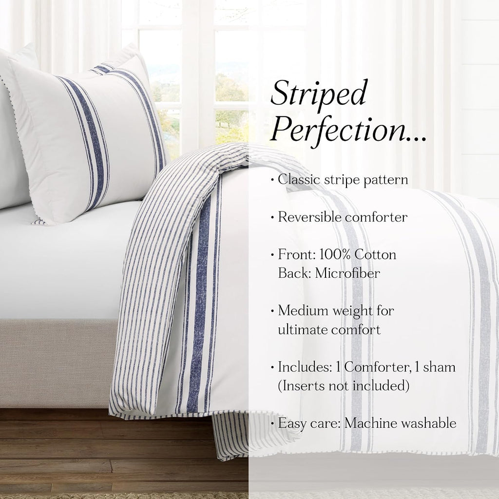 Lush Decor Farmhouse Stripe Reversible Cotton Comforter Set, 2-Piece, Twin XL Navy - Twin Bedding Set - Dorm Decor - Striped Comforter for Farmhouse Bedroom Decor