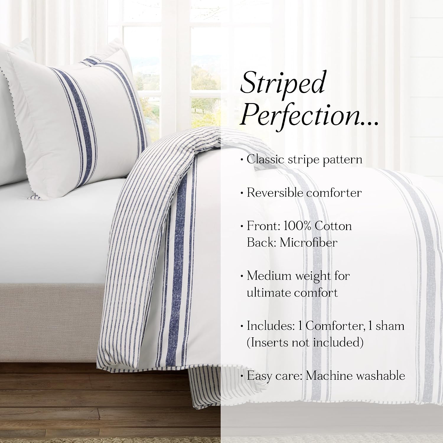 Lush Decor Farmhouse Stripe Reversible Cotton Comforter Set, 2-Piece, Twin XL Navy - Twin Bedding Set - Dorm Decor - Striped Comforter for Farmhouse Bedroom Decor