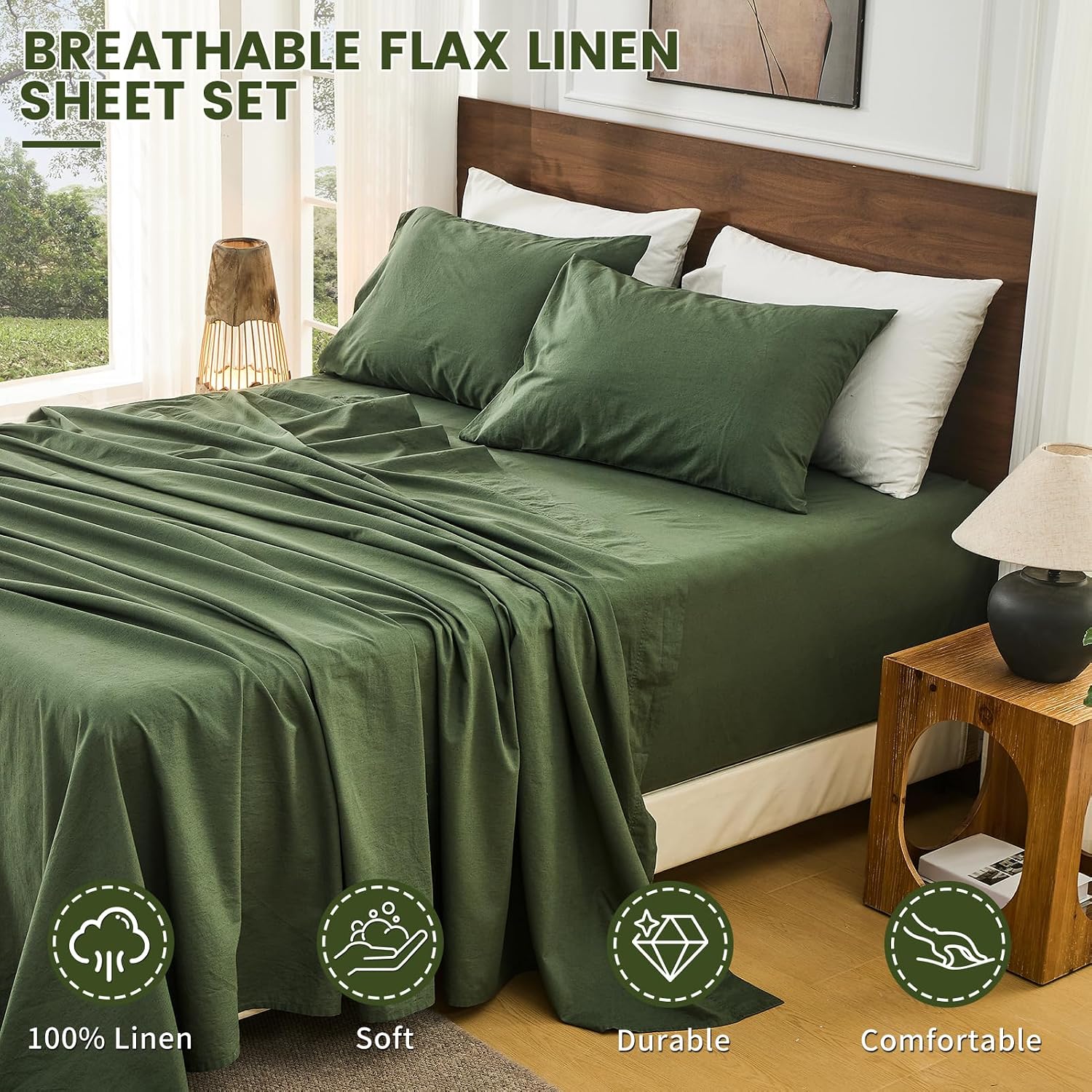 Bedlifes 100% French Flax Linen Sheets Set King Size - 6 Piece Extra Deep Pocket 18-24',Soft Breathable King Bed Sheets with Temperature Regulating & Moisture-Wicking(Forest Green