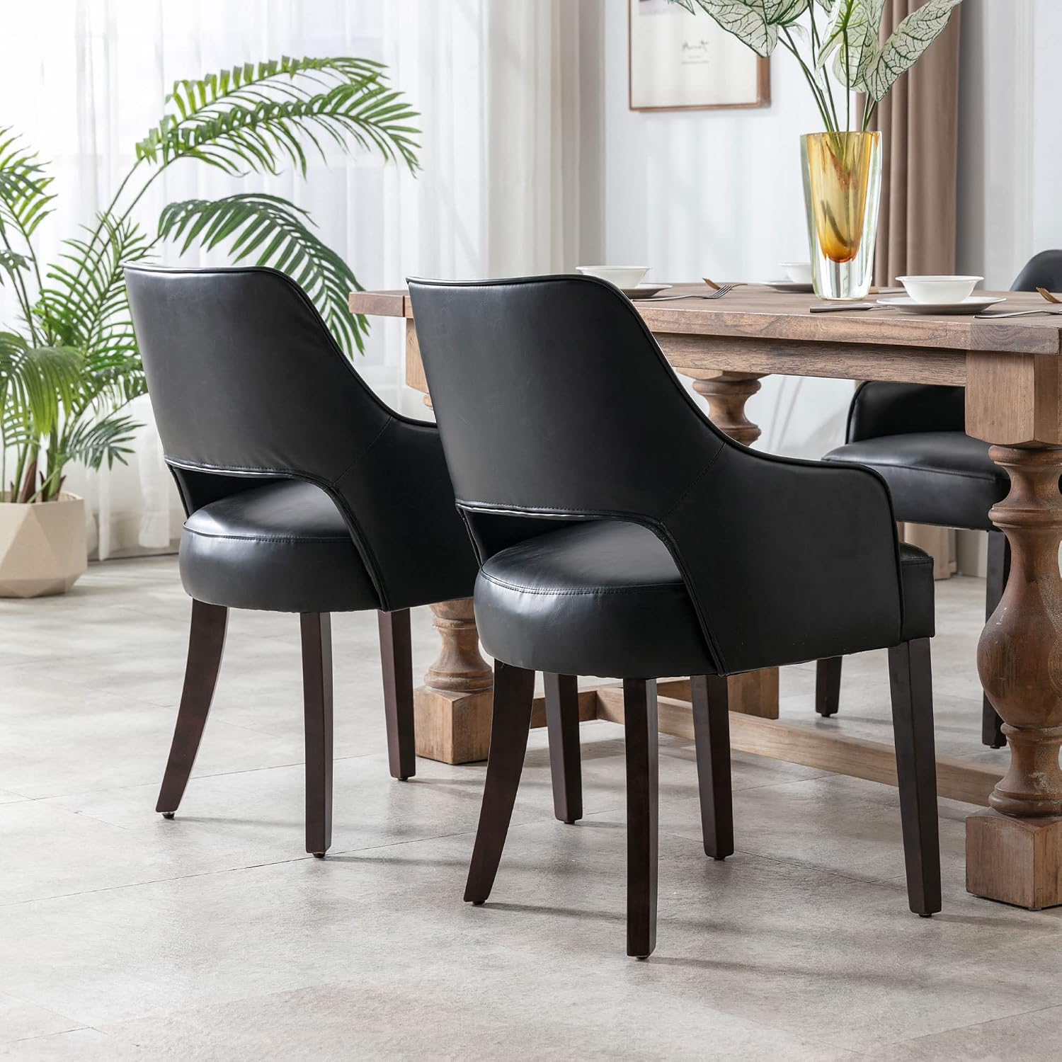 PU Leather Dining Chairs Set of 2, Solid Wood Kitchen Chair with Arms, Farmshouse Upholstered Dinner Chairs for Living Room/Dining Room/Bedroom/Restaurant, Black