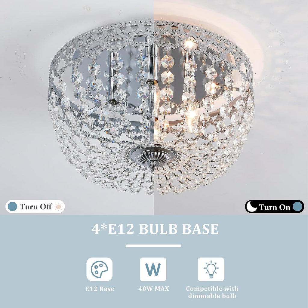 Maxax 15' Crystal Chrome Ceiling Light, 4-Lights Vintage Farmhouse Flush Mount Chandelier, Antique French Empire Ceiling Lamp, Dining Room Entrance Hallway Bedroom Kitchen Bathroom, E12 Bulbs
