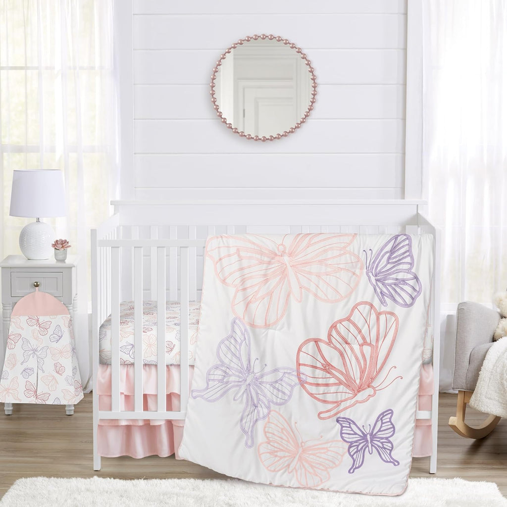 Sweet Jojo Designs Shabby Chic Butterfly Girl Baby Crib Bedding Set Infant Nursery Room Blanket Fitted Sheet Skirt Diaper Stacker 4p Blush Pink Lavender Purple White Pastel Lilac Watercolor Pattern