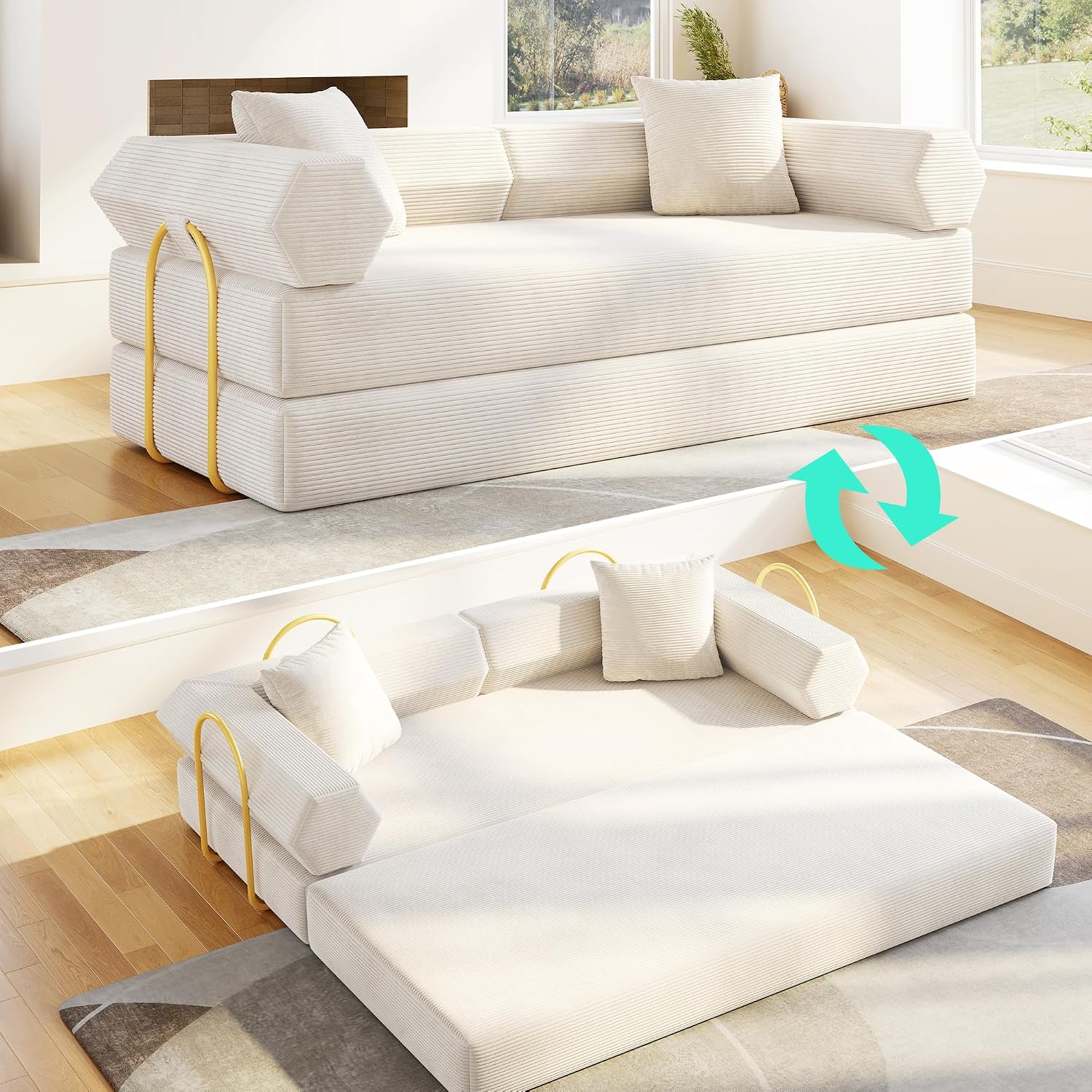79'' Corduroy Convertible Sofa Bed, No Assembly Modular Folding Sleeper Couch, 5-in-1 Pull Out Bed with Removable Washable Cover, Space Saving Guest Bed for Living Room Apartment Bedroom (Beige White)