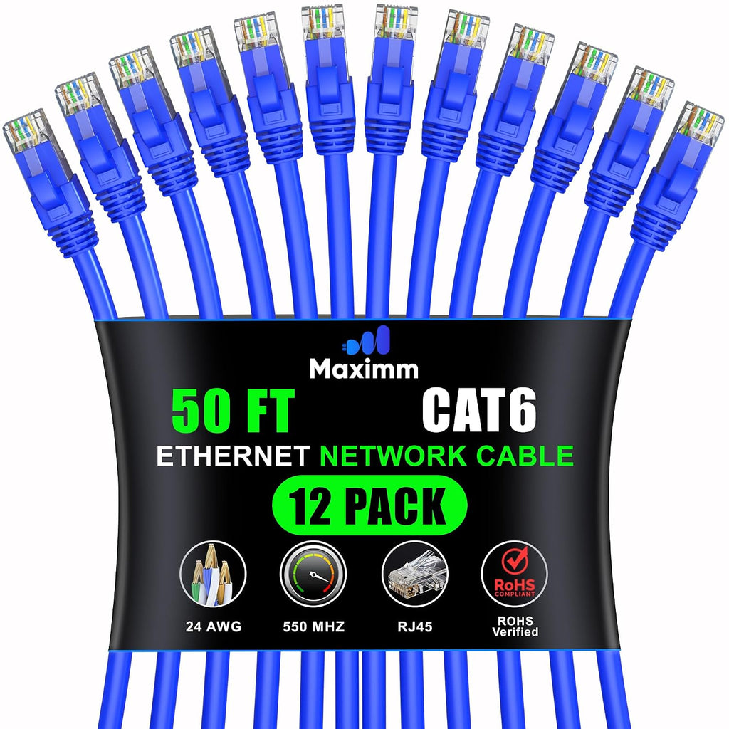 Maximm Cat 6 Ethernet Cable 50 ft (12-Pack) - High-Speed LAN Cable, Internet Cable, Patch Cable, and Network Cable - UTP, 10Gbps, 550MHz Ethernet Cord - Blue
