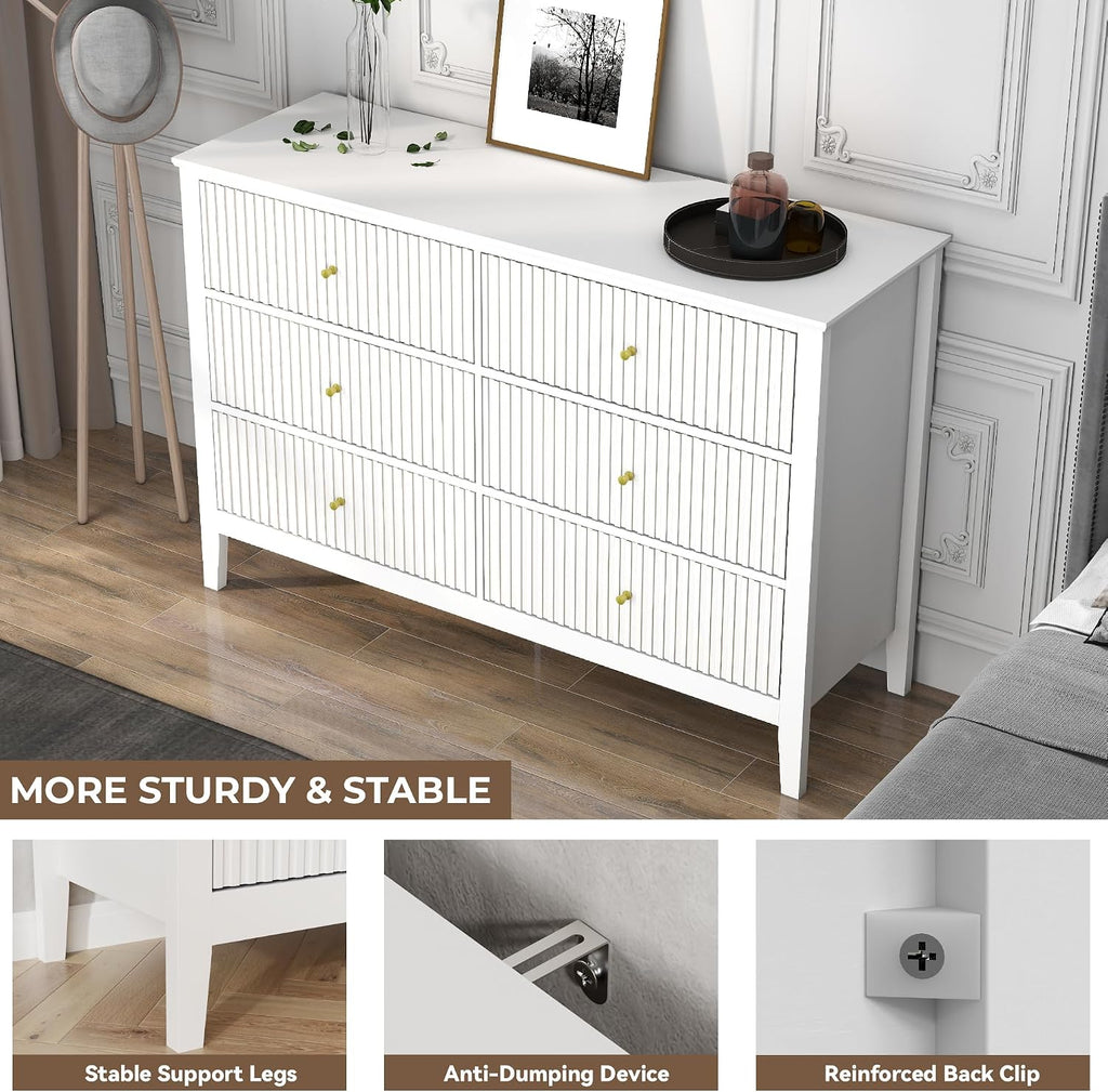 White Dresser for Bedroom, 6 Drawers Fluted Chest of Drawers with Storage, Modern 47'' Wide Dresser with Paint Design, Wood Drawer Organizer Dressers for Entryway, Hallway