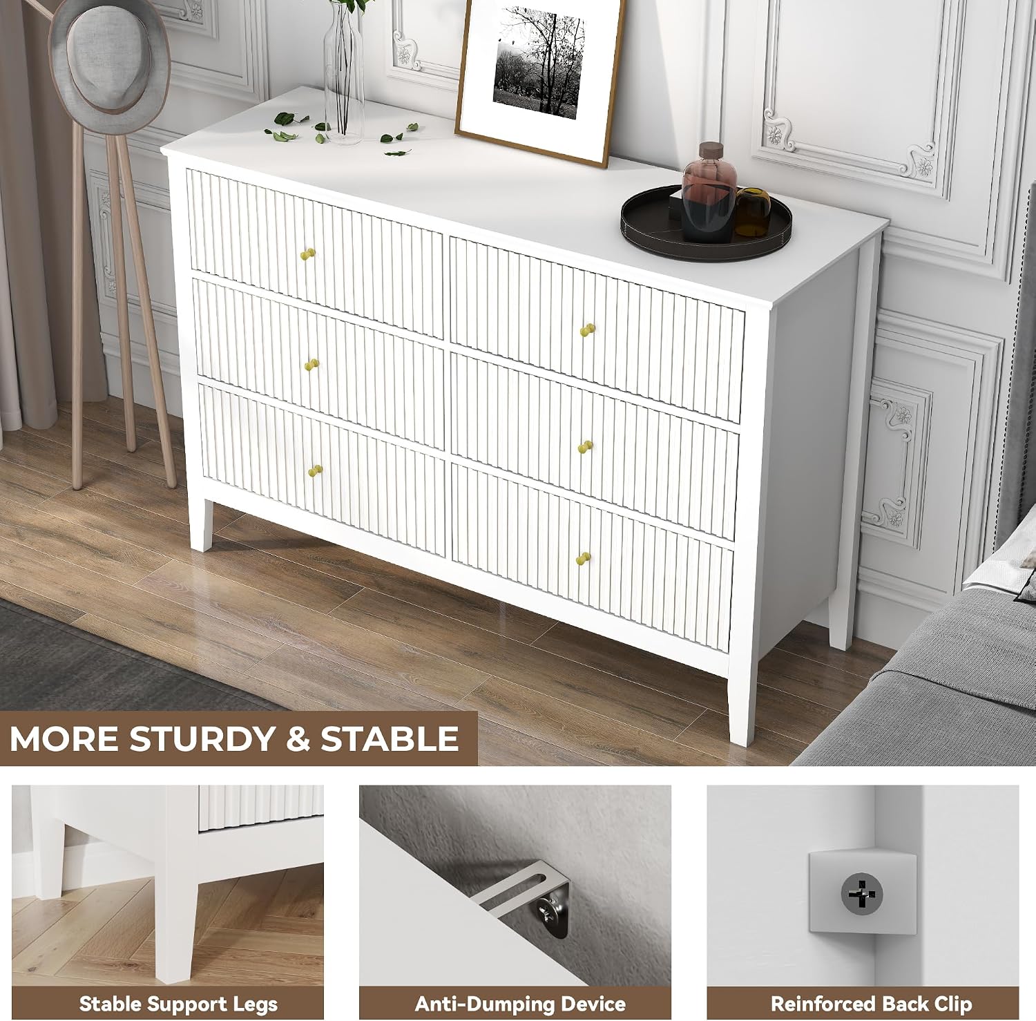 White Dresser for Bedroom, 6 Drawers Fluted Chest of Drawers with Storage, Modern 47'' Wide Dresser with Paint Design, Wood Drawer Organizer Dressers for Entryway, Hallway