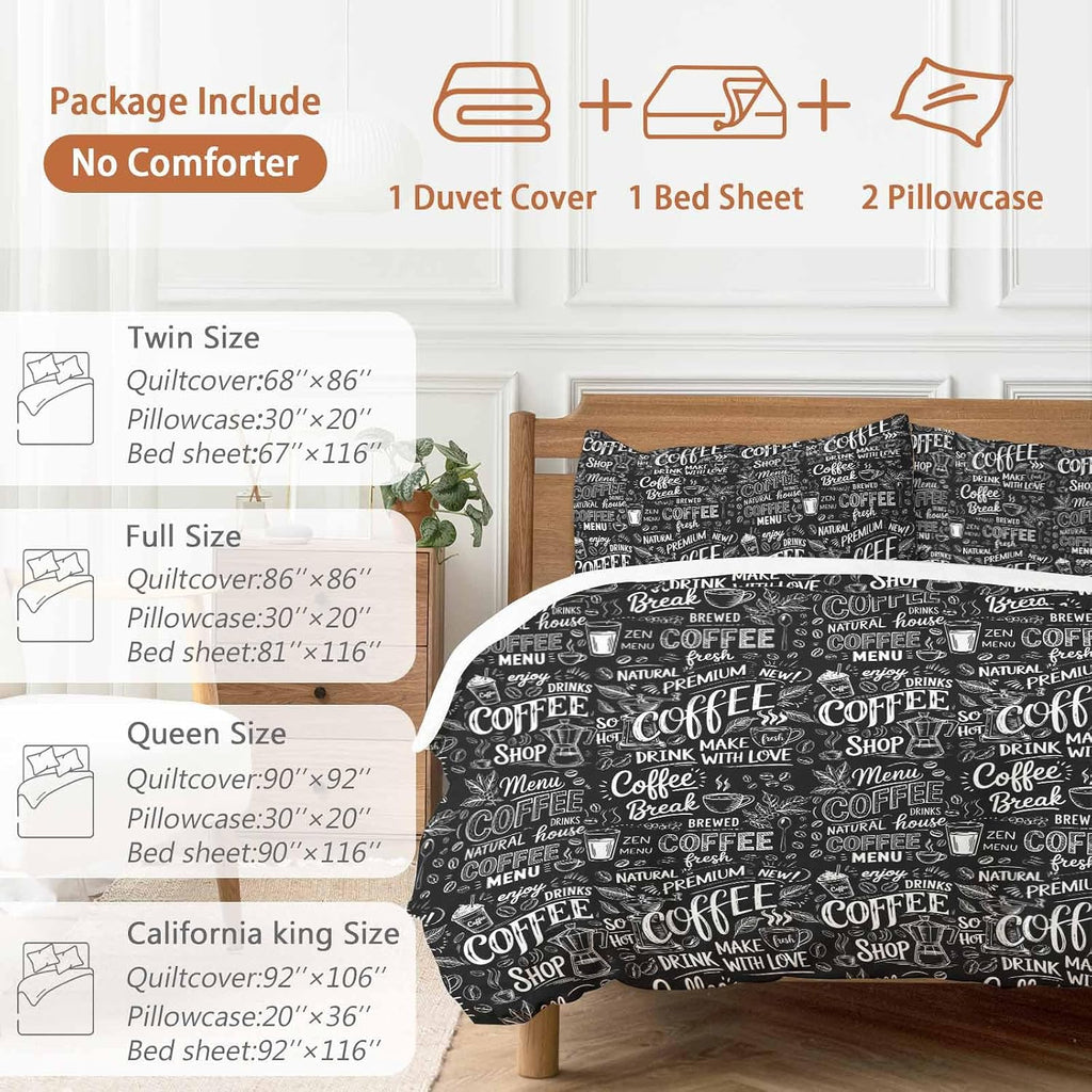 Black White Theme Duvet Cover Set Queen Size 4 Pieces Modern Bread Coffee Pot Milk Drink Minimalist Bedding Set with Zipper Closure, 1 Comforter Cover 90x92 Inches 1 Flat Sheet & 2 Pillow Cases