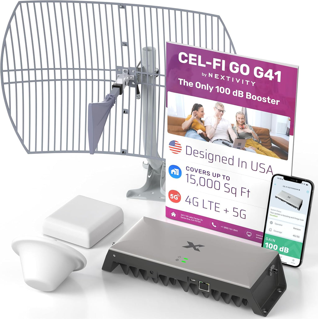 CEL-FI GO G41 | Cell Phone Booster for Home | 4G, 5G, AT&T, Verizon & T-Mobile | Up to 15,000 Sq Ft Coverage | 100 dB Cell Phone Signal Booster | FCC Approved (1x Antenna w/Grid)