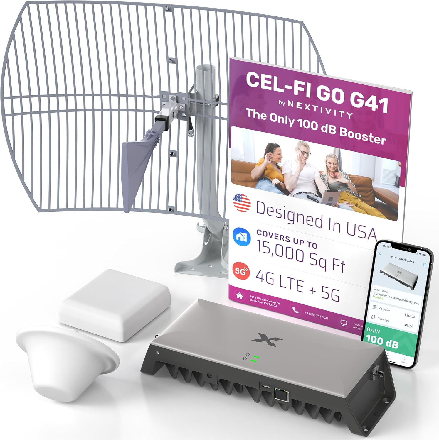 CEL-FI GO G41 | Cell Phone Booster for Home | 4G, 5G, AT&T, Verizon & T-Mobile | Up to 15,000 Sq Ft Coverage | 100 dB Cell Phone Signal Booster | FCC Approved (1x Antenna w/Grid)