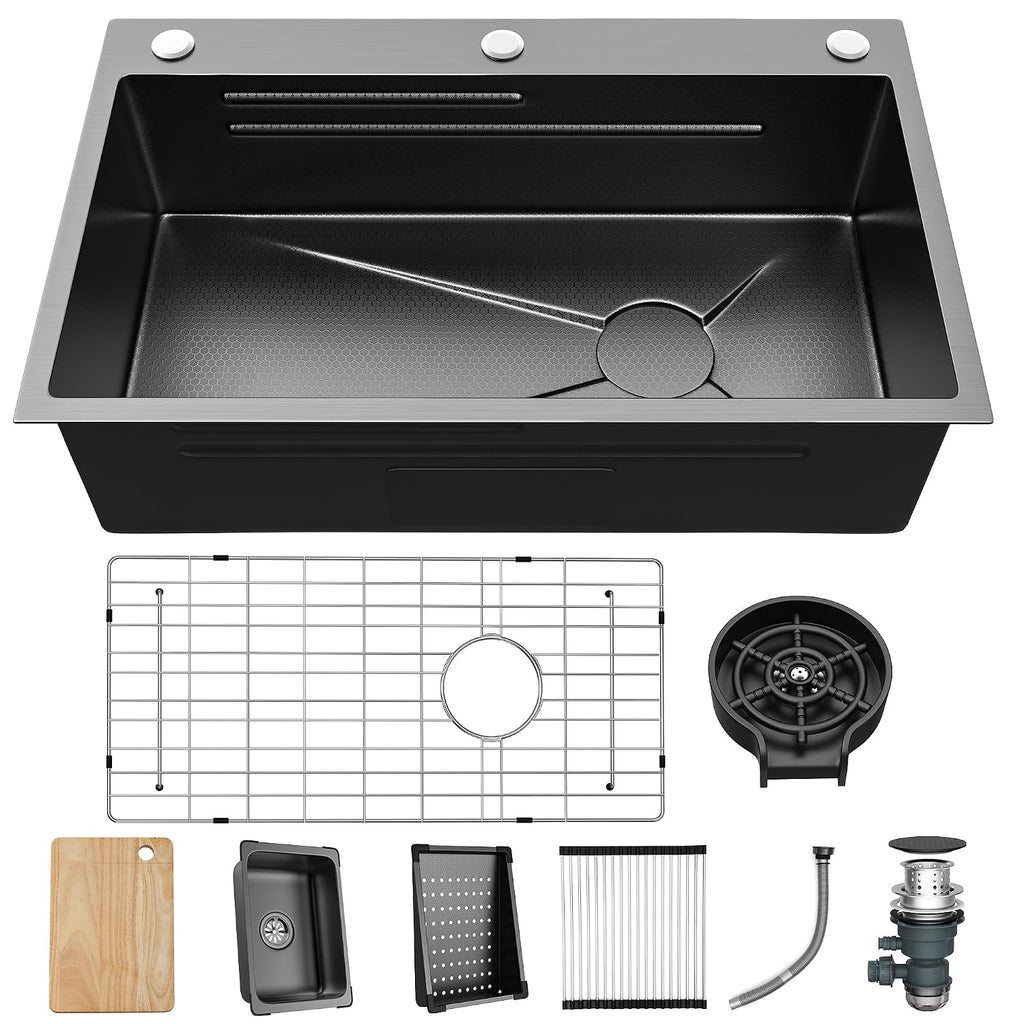 YITAHOME Drop in Kitchen Sink Workstation 30 Inch, Topmount Stainless Steel Nano Gunmetal Black Sink w/Glass Rinser, Cutting Board, Handmade Single Bowl Sink with Accessories 30 x 18 x 10in