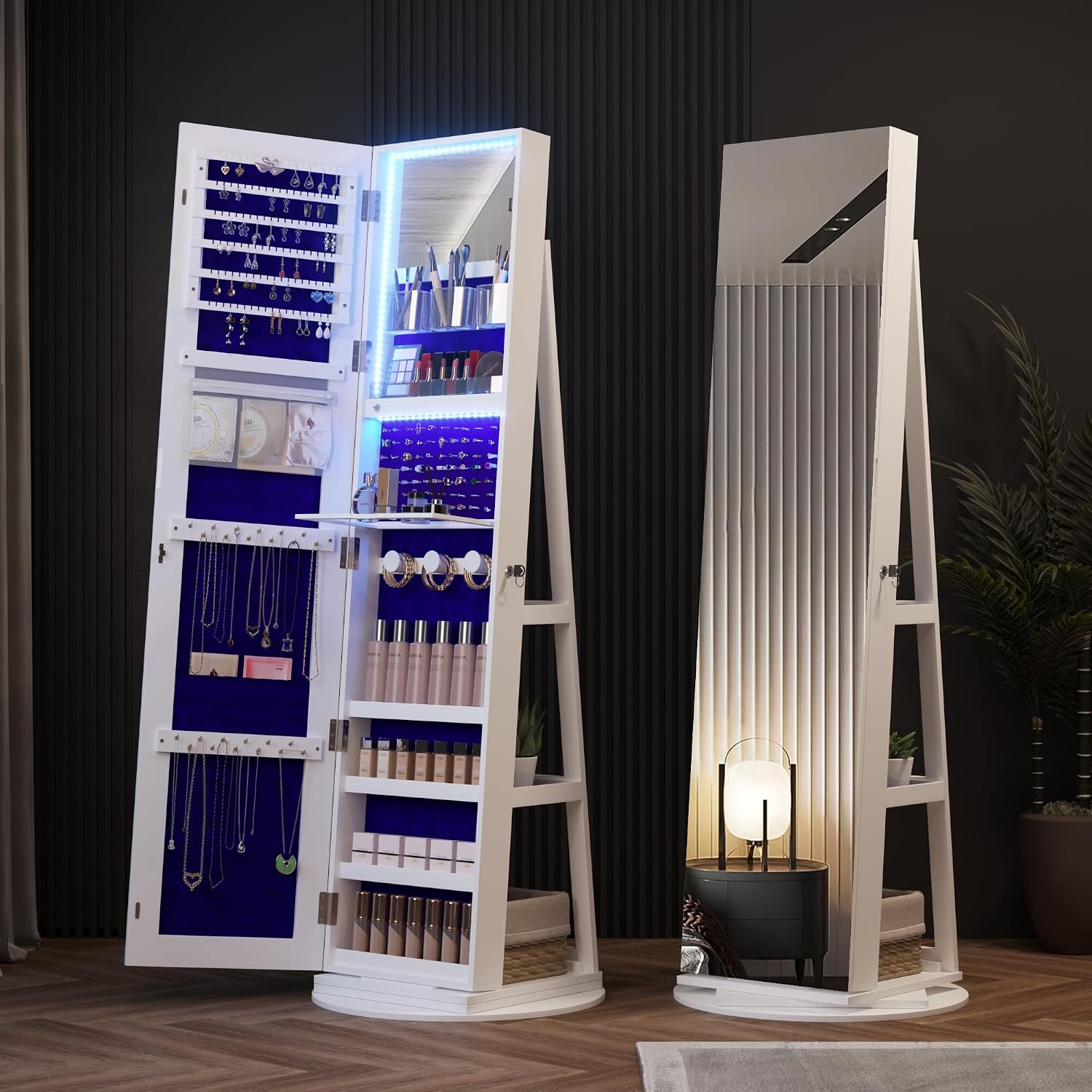 HNEBC LED Light Jewelry Organizer Mirror 360° Rotating, Jewelry Armoire with Door Mirror, Full Length Mirror Jewelry Cabinet, Mirror with Jewelry Storage, Large Jewelry Boxes & Organizers（B_White）