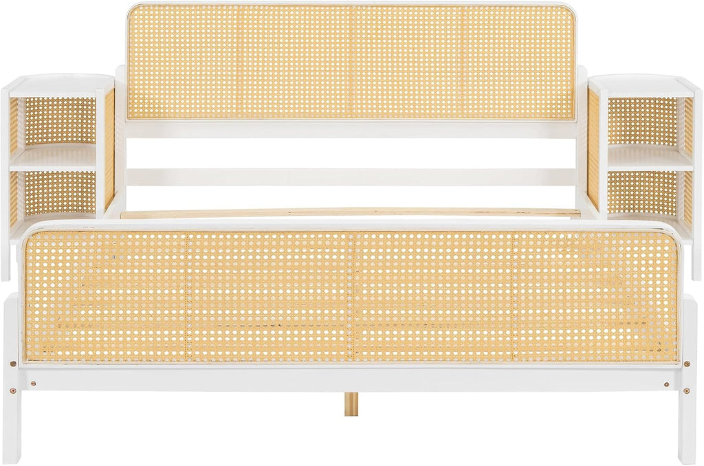 3-Pieces Bedroom Furniture Sets,Full Size Rattan Platform Bed with 2 Nightstands, Perfect for Teens Adults (White/Rattan, Full)