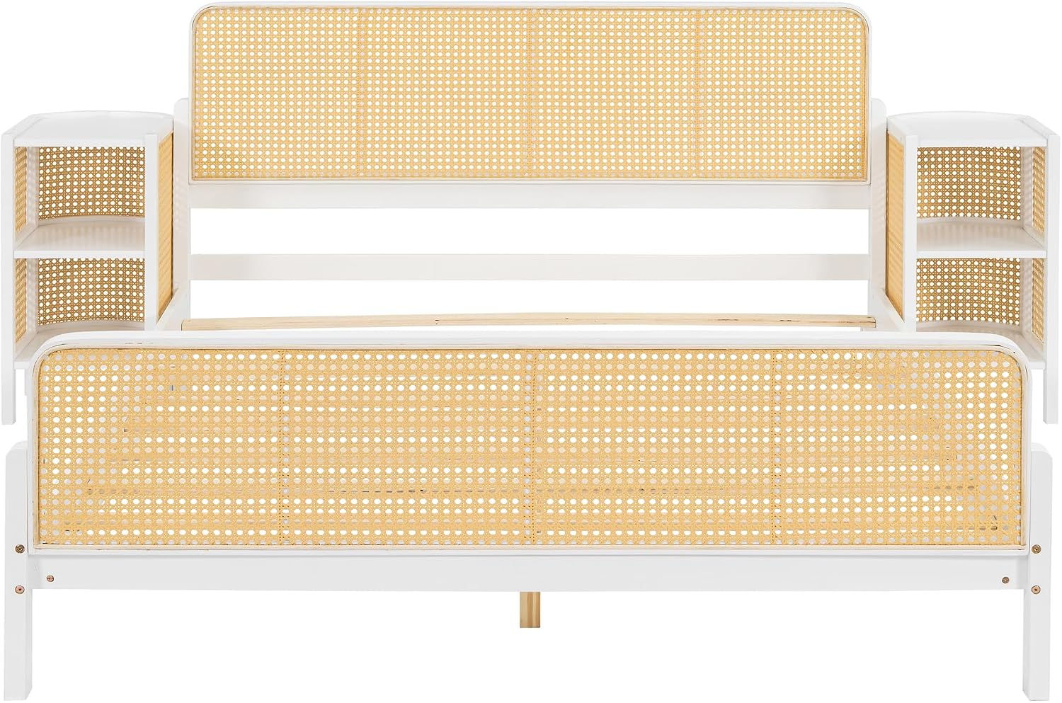 3-Pieces Bedroom Furniture Sets,Full Size Rattan Platform Bed with 2 Nightstands, Perfect for Teens Adults (White/Rattan, Full)