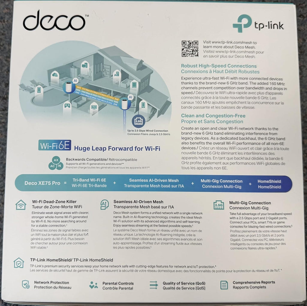 TP-Link Deco XE75 Pro AXE5400 Tri-Band WiFi 6E Mesh System - 2.5G WAN/LAN Port, Covers up to 5500 Sq.Ft, Replaces WiFi Router and Extender, AI-Driven Mesh, New 6GHz Band, 2-Pack