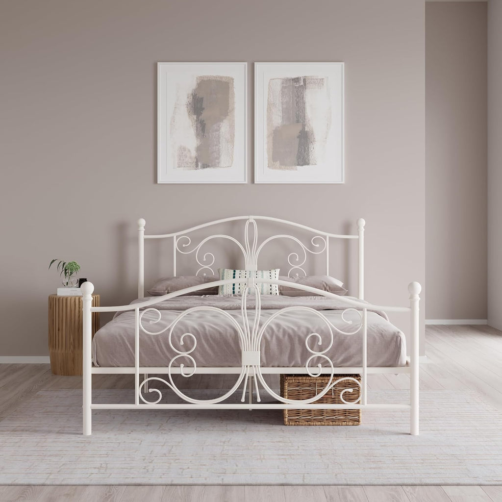 DHP Bombay Metal Platform Bed with Parisian Style Headboard and Footboard, Adjustable Base Height for Underbed Storage, No Box Spring Needed, Full, White