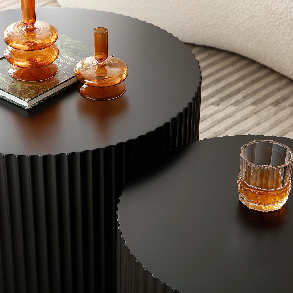 Modern Nesting Coffee Table, Round Wood End Table Set of 2 for Small Space, Living Room - Black