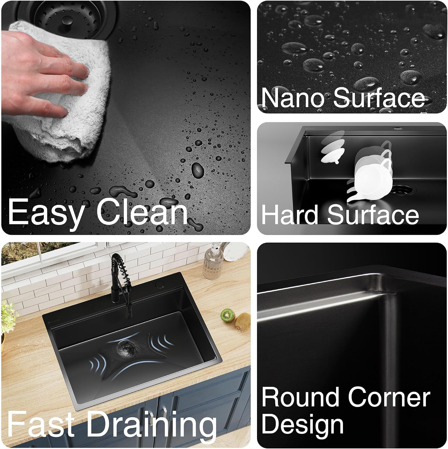 30 inch Dark Black Drop In Workstation kitchen Sink with Pull Out Faucet, Handmade Topmount Single Bowl 18 Gauge PVD-Nano Scratch-Resistant Stainless Steel Kitchen Sink with Accessories