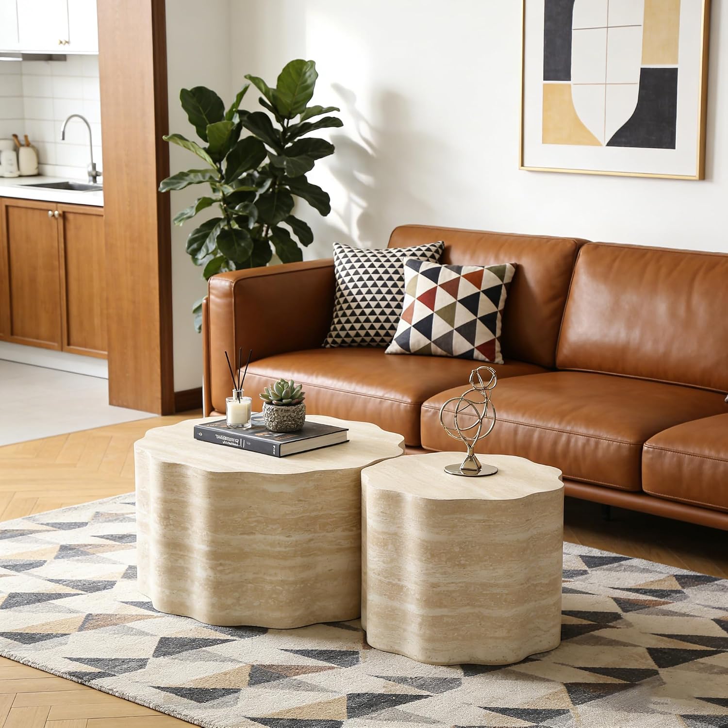 Nesting Coffee Table Set of 2, Modern Wood Center Table for Living Room, Faux Mars Pattern Side Table Accent End Table for Apartment Office, No Need Assembly (26.7'& 23.6')