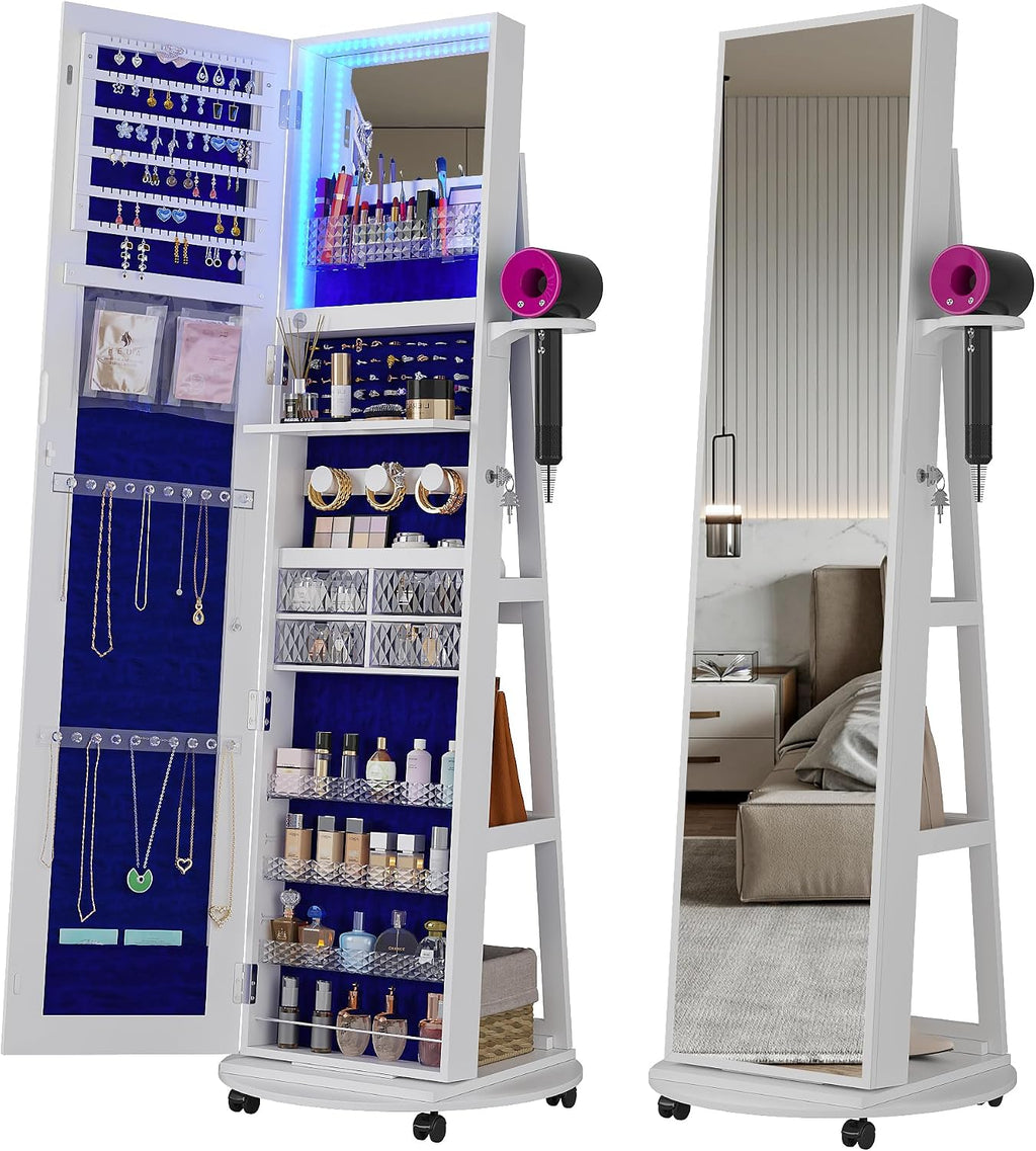 HNEBC 360° Swivel Jewelry Armoire with Mirror, LED Mirror Jewelry Cabinet Standing, Full Length Mirror with Jewelry Storage, Standing Jewelry Organizer/Lockable Wheels/Foldable Makeup Shelf (A-White)
