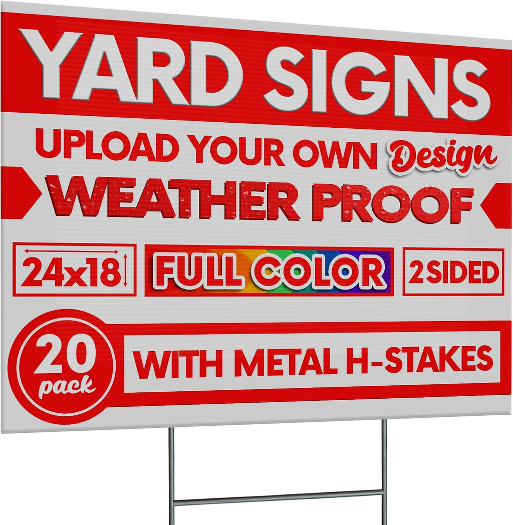 20 pack 24x18' Double Sided Custom Yard Sign with Metal Stake Front and Back Custom Printed Personalized Lawn Sign for Business, Real Estate, or Yard Sale, Full Color Corrugated Plastic Signage for Outdoors, Home, Office, Business (20-Pack)