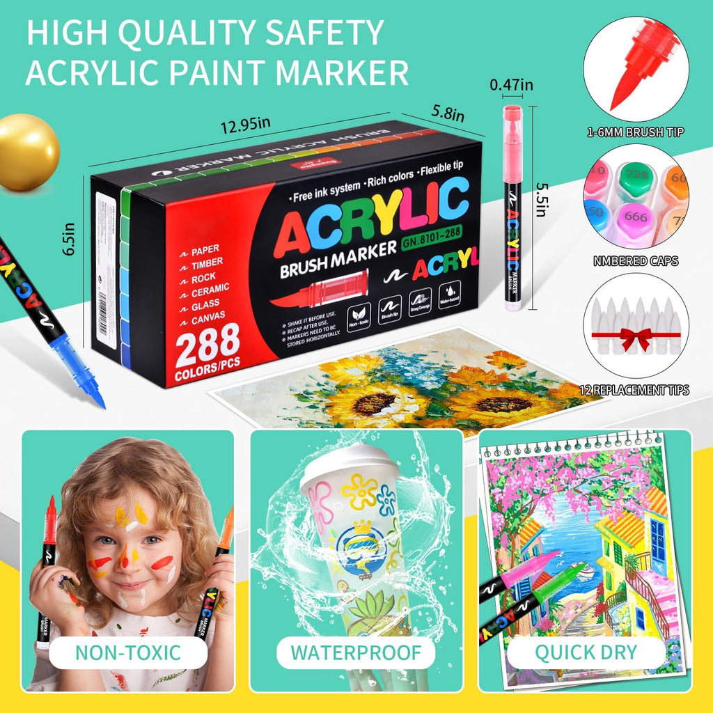 288 Colors Acrylic Paint Markers, Soft Brush Tip Pens, Direct-Liquid Ink Control System, Water-Based No-Bleed Premium Acrylic Paint Pens for DIY Art & Crafts - Fabric, Wood, Metal, Glass, Rock