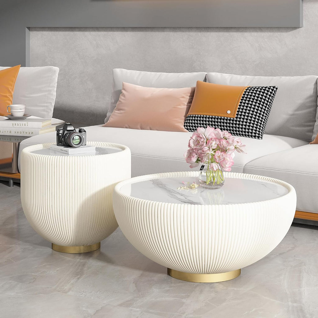 Round Coffee Table Set, 27.56' White Drum Center Table and 19.69' White Coffee Table Set, 2 Pieces Living Room Table Set with Sintered Stone Tabletop, Fluted PU Leather Covered and Metal Base