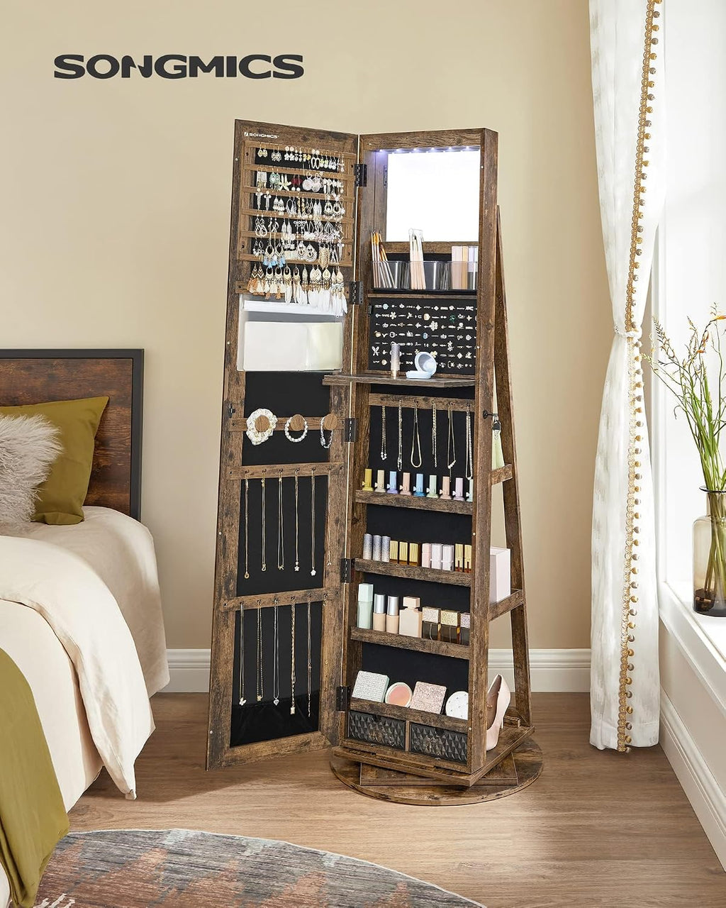 SONGMICS 6 LEDs Lockable Mirror Jewelry Cabinet, 360° Swivel Jewelry Organizer Armoire Standing, Frameless Full-Length Mirror, 3 Storage Shelves, Rustic Brown Surface, Black Lining UJJC007X01