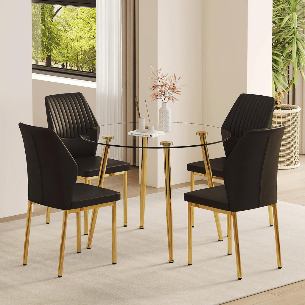 Dining Room Chairs Set of 4,Comfortable,Fashionable Soft Padded Kitchen Chairs High Backrests Metal Legs. Suitable for Living Room and Bedroom (Black+Gold Leg Set of 4)