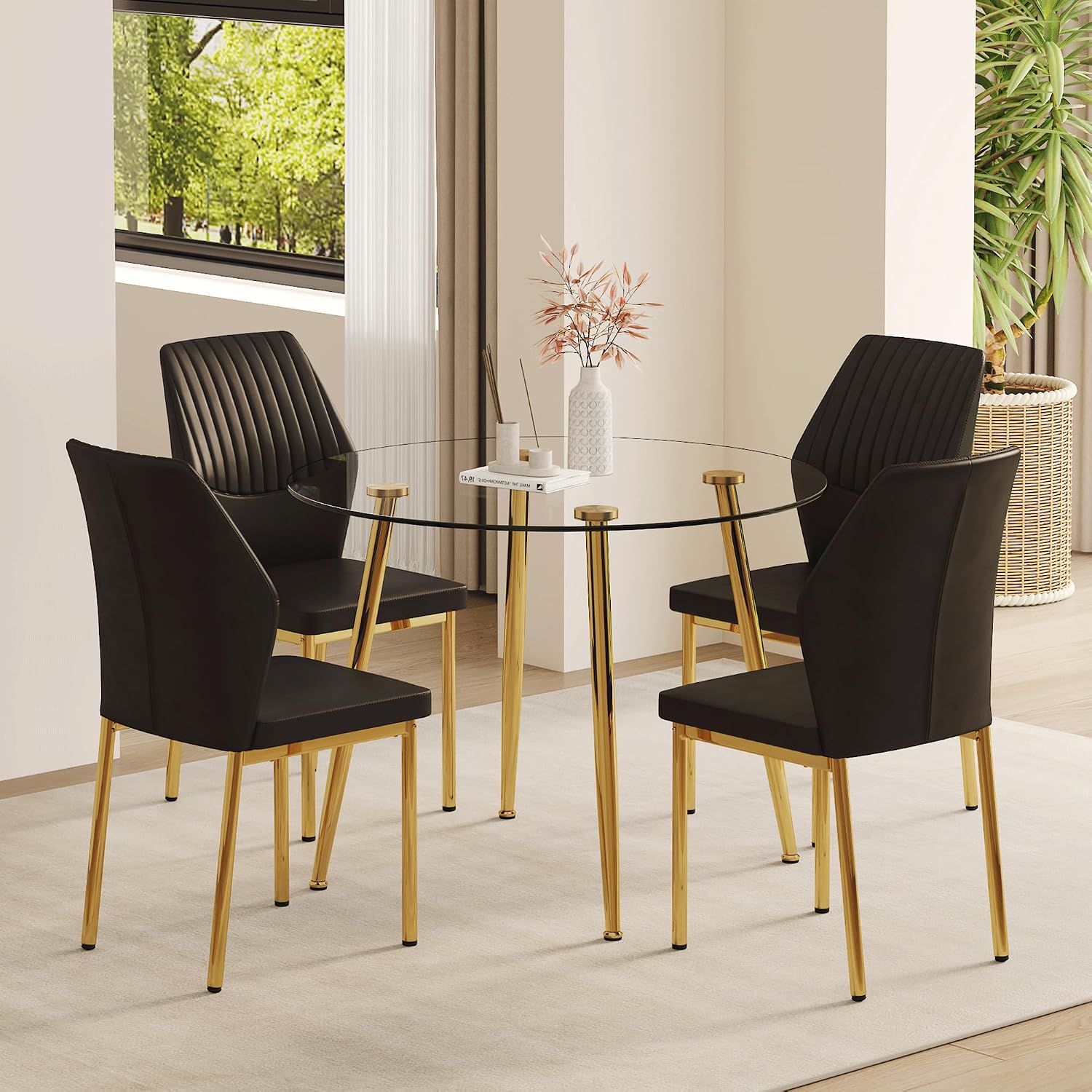 Dining Room Chairs Set of 4,Comfortable,Fashionable Soft Padded Kitchen Chairs High Backrests Metal Legs. Suitable for Living Room and Bedroom (Black+Gold Leg Set of 4)