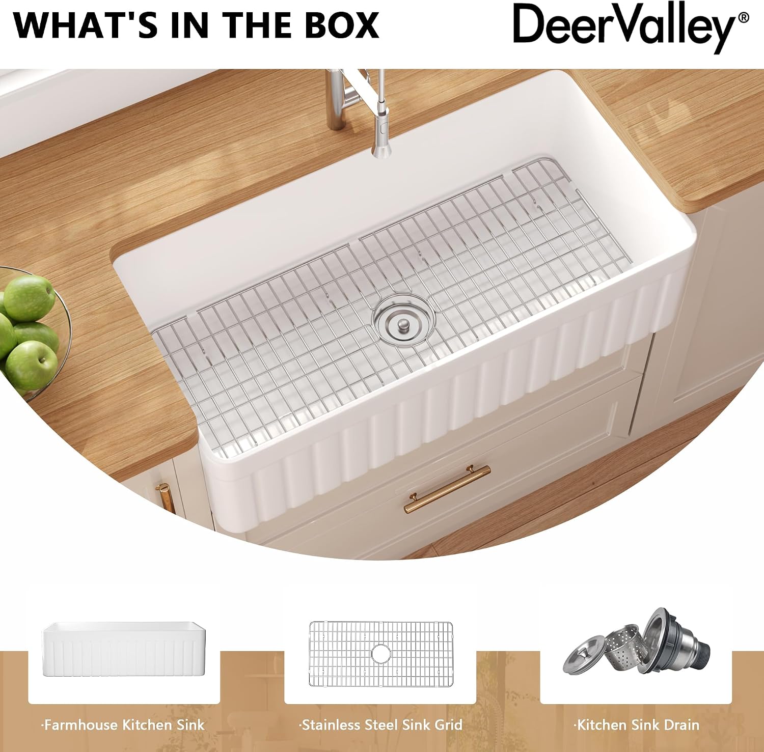 DeerValley Solstice Fireclay Farmhouse Sinks, 35.6'L x 18'W Farmhouse Kitchen Sink White Large Single Bowl Farm Sink Reversible Apron Front with Sink Grid and Basket Strainer