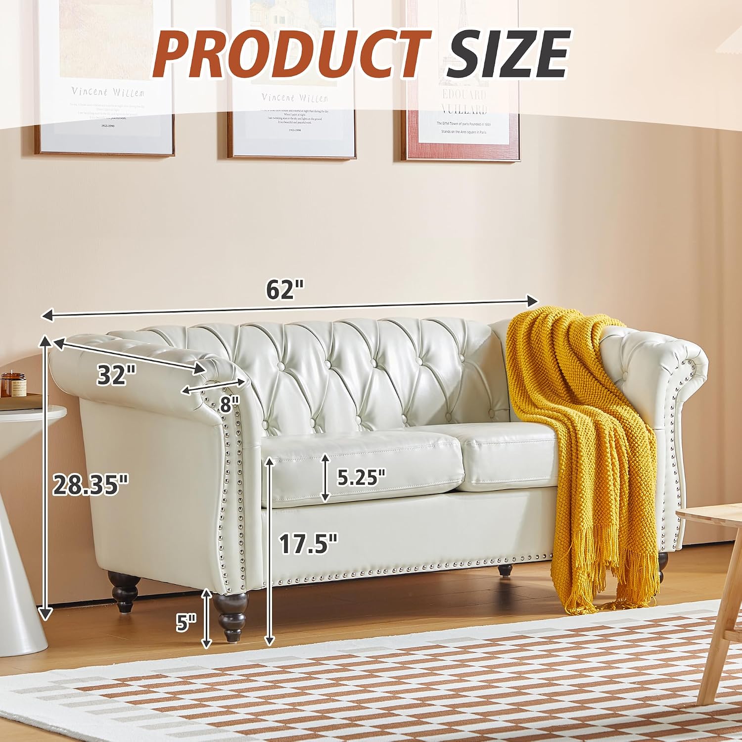 QHITTY 3 Piece Living Room Set, Sectional Chesterfield Sofa Chair Contemporary Upholstered Artificial Leather Loveseat Couch Sets for Living Room, Bedroom, Office (White)