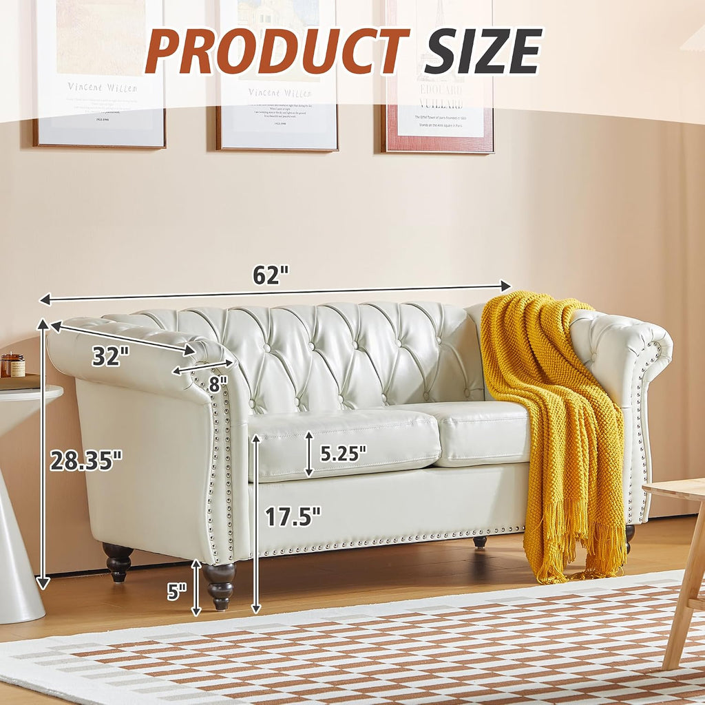 QHITTY 2 Piece Living Room Set, Sectional Chesterfield Sofa Chair Contemporary Upholstered Leather Loveseat Couch Sets for Living Room, Bedroom, Office (White)