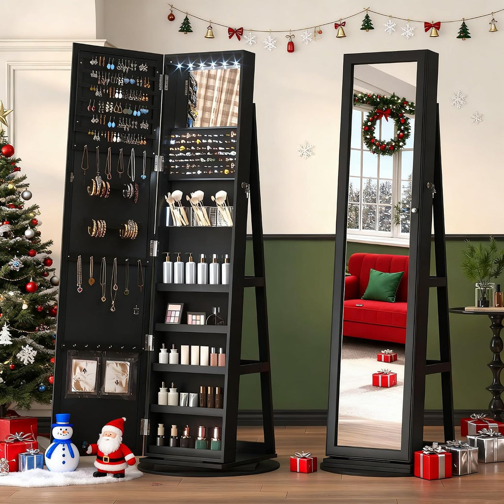 LVSOMT LED Mirror Jewelry Cabinet Standing, 360° Swivel Jewelry Organizers and Storage, Farmhouse Mirror with Jewelry Storage, Lighted Jewelry Armoire with Full Length Mirror (Coal Black)