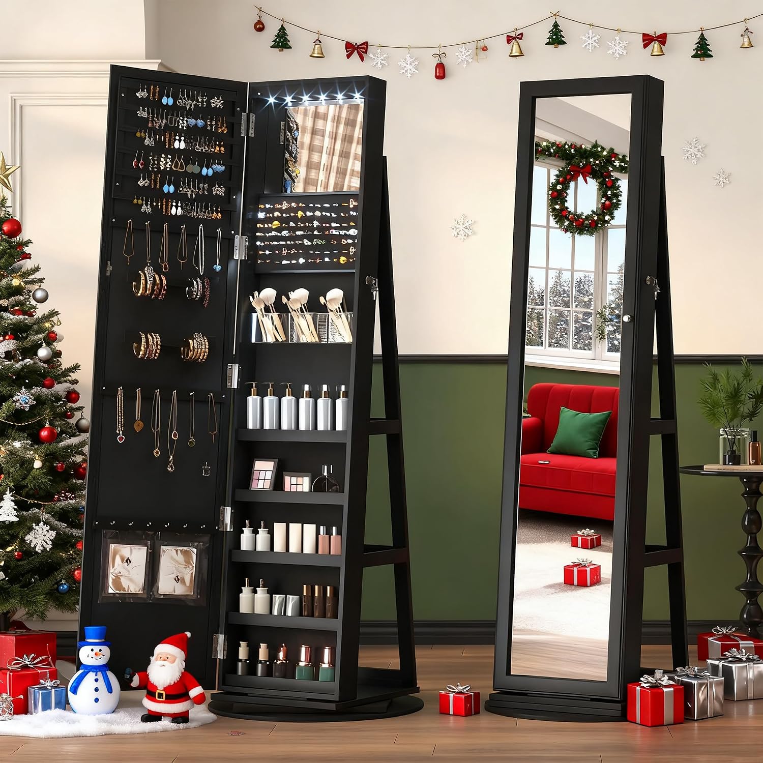 LVSOMT LED Mirror Jewelry Cabinet Standing, 360° Swivel Jewelry Organizers and Storage, Farmhouse Mirror with Jewelry Storage, Lighted Jewelry Armoire with Full Length Mirror (Coal Black)
