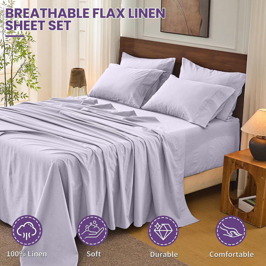 Bedlifes 100% French Flax Linen Sheets Set California King Size-6 Piece Extra Deep Pocket 18-24',Soft Breathable Cal King Bed Sheets with Temperature Regulating & Moisture-Wicking(Lavender