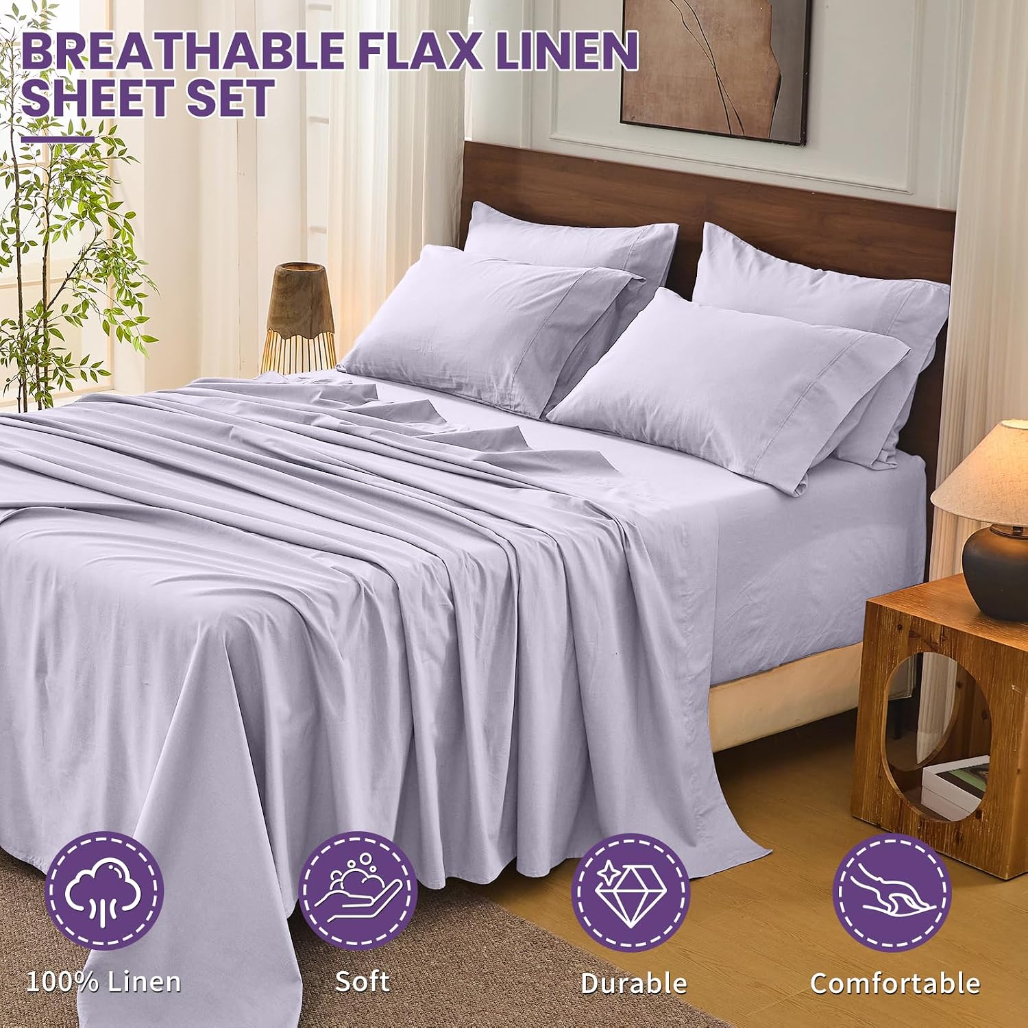 Bedlifes 100% French Flax Linen Sheets Set California King Size-6 Piece Extra Deep Pocket 18-24',Soft Breathable Cal King Bed Sheets with Temperature Regulating & Moisture-Wicking(Lavender