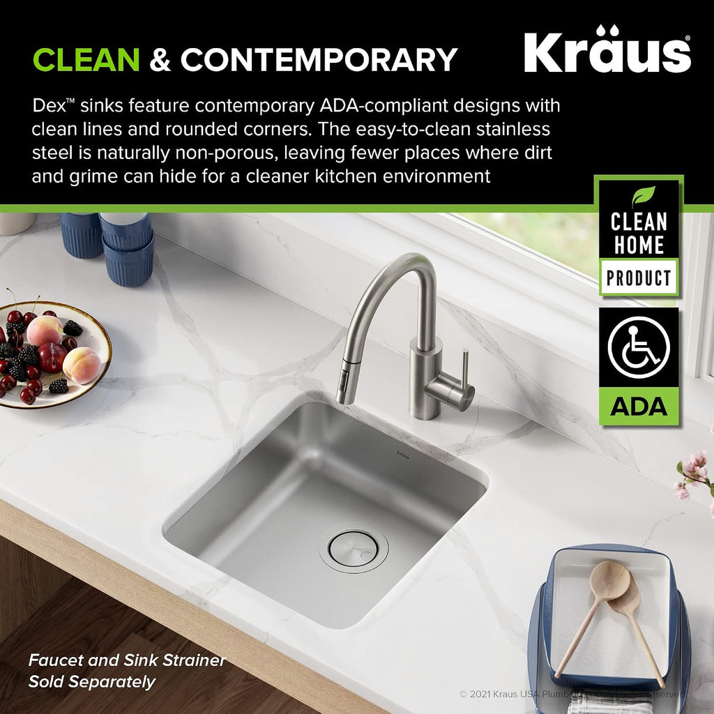 KRAUS Dex 17-inch Undermount 16 Gauge Stainless Steel Single Bowl ADA Kitchen Sink, KA1AS17B