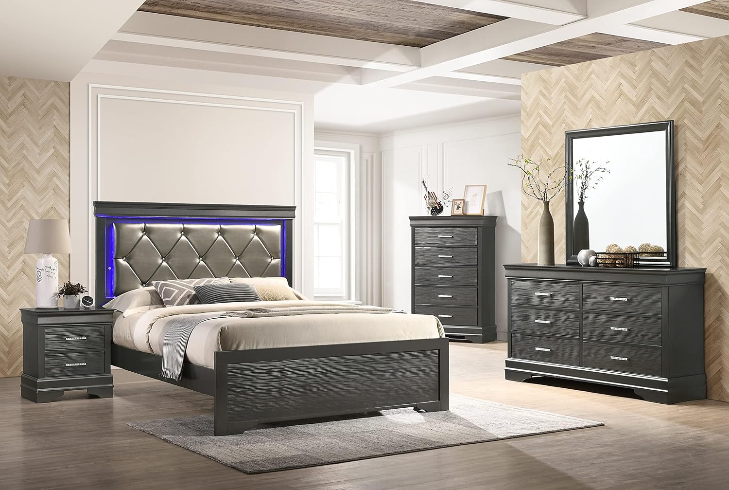 Full 5 Pc Tufted Upholstery LED Bedroom Set Made with Wood in Gray