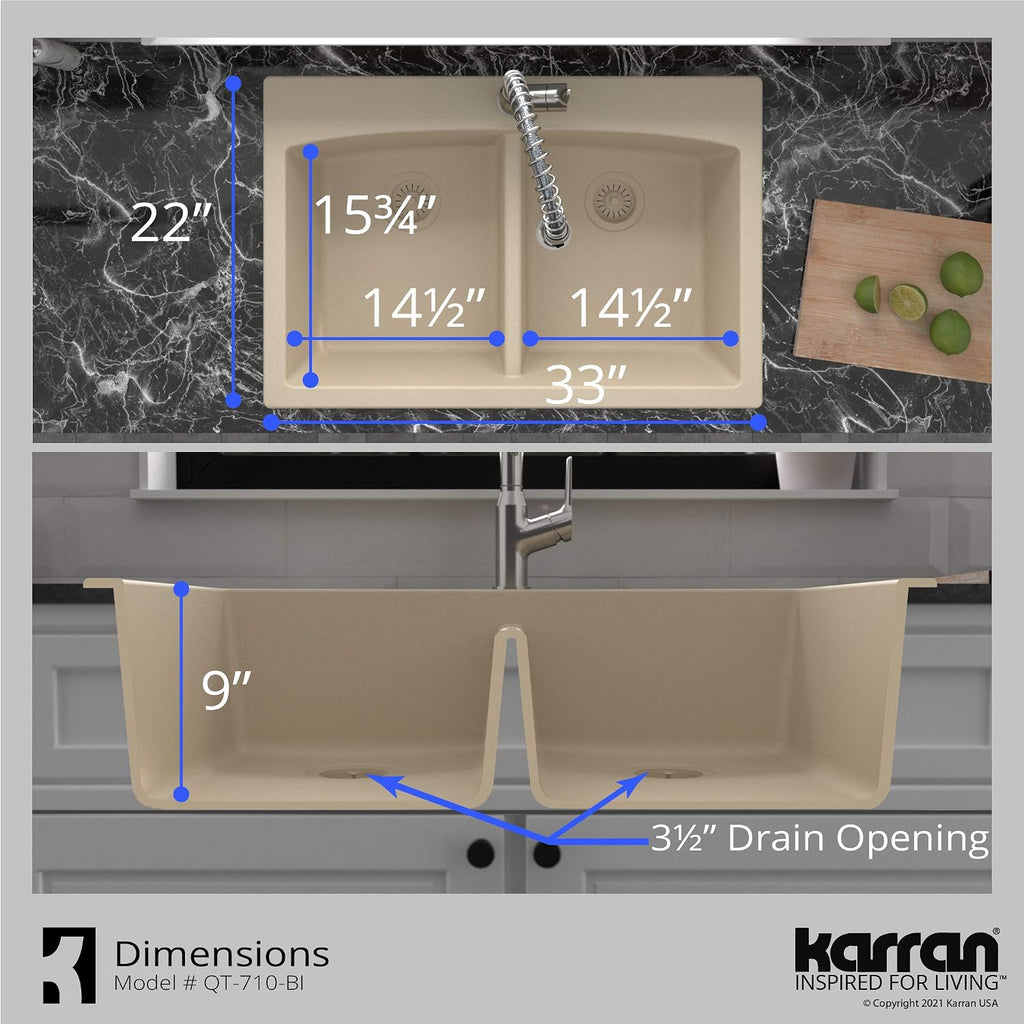 Karran QT-710 33 Inch Top Mount Double Bowl Kitchen Sink, 50/50 Low Divide Quartz Composite Drop-In Sink, Rear Drain, Heat and Scratch Resistant, Bisque