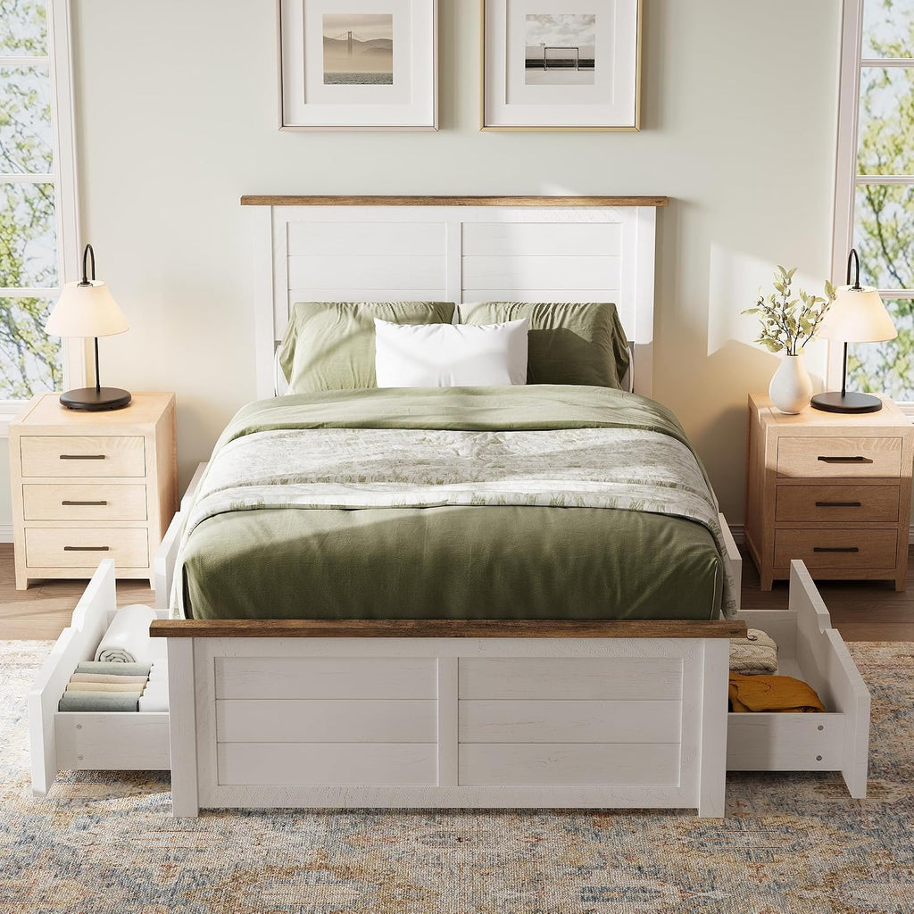 AMERLIFE Twin Bed Frame with Headboard, Platform Beds with 4 Storage Drawers, Wood Slats Support, Wood Bed Frame for Bedroom, White