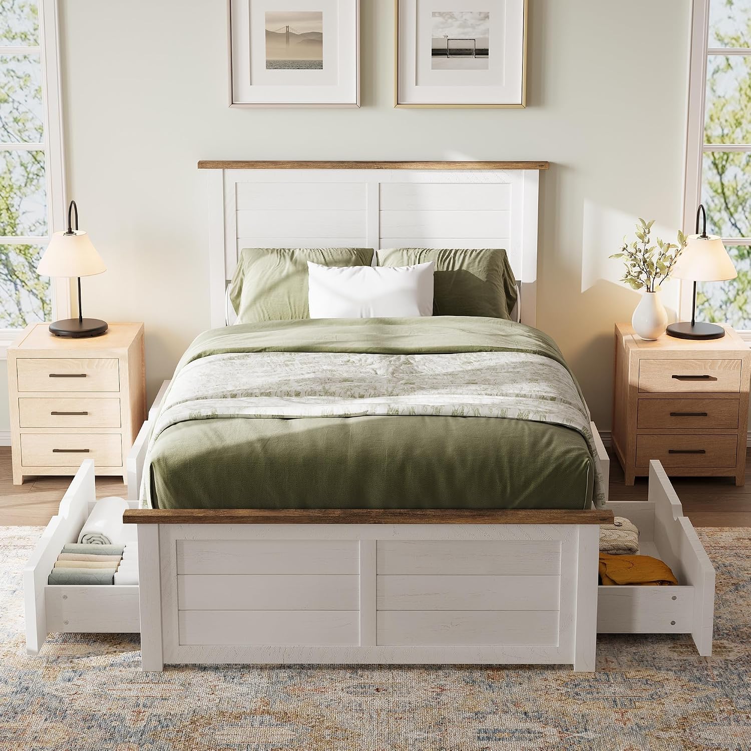 AMERLIFE Twin Bed Frame with Headboard, Platform Beds with 4 Storage Drawers, Wood Slats Support, Wood Bed Frame for Bedroom, White