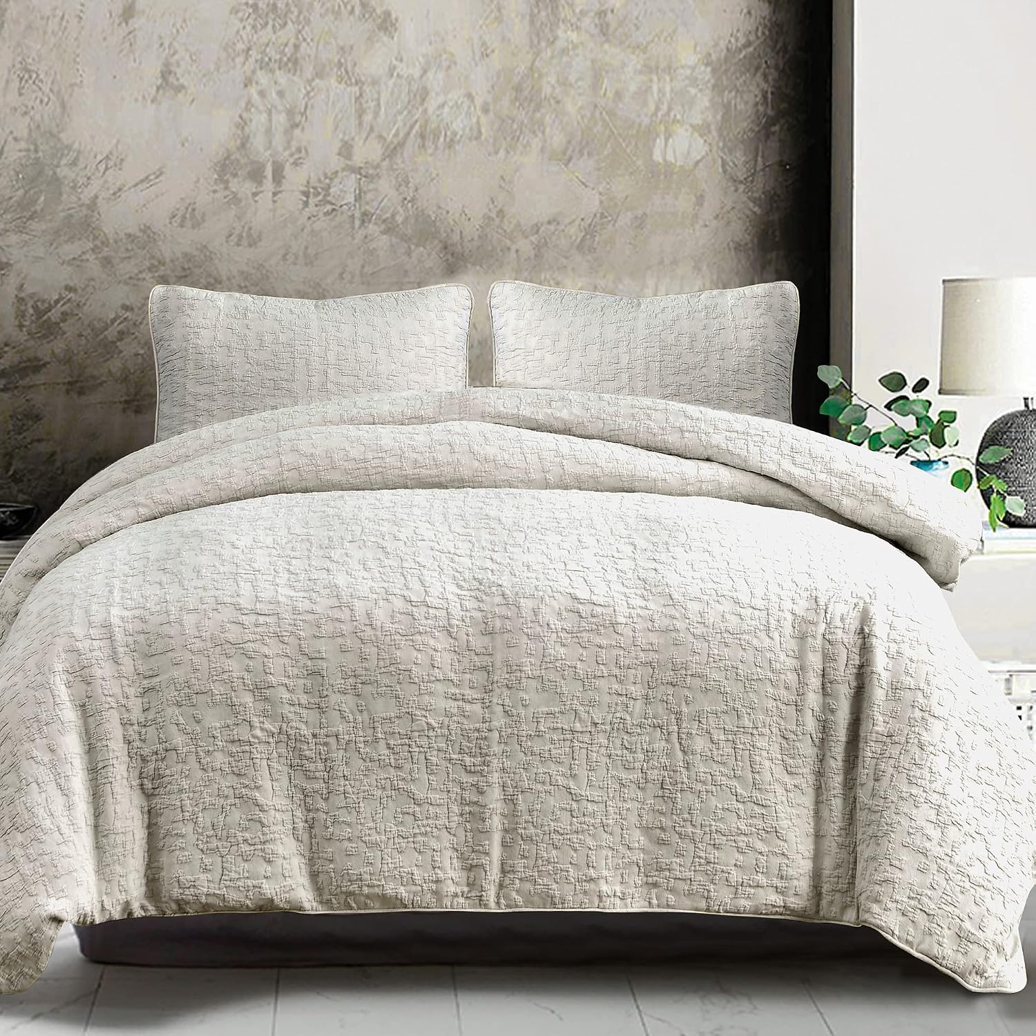 HiEnd Accents Porto Matelassé 3 Piece Duvet Cover Set with Pillow Shams, King Size, Cotton Light Taupe Textured Modern Boho Chic Casual Luxury Bedding, 1 Comforter Cover, 2 Pillowcases