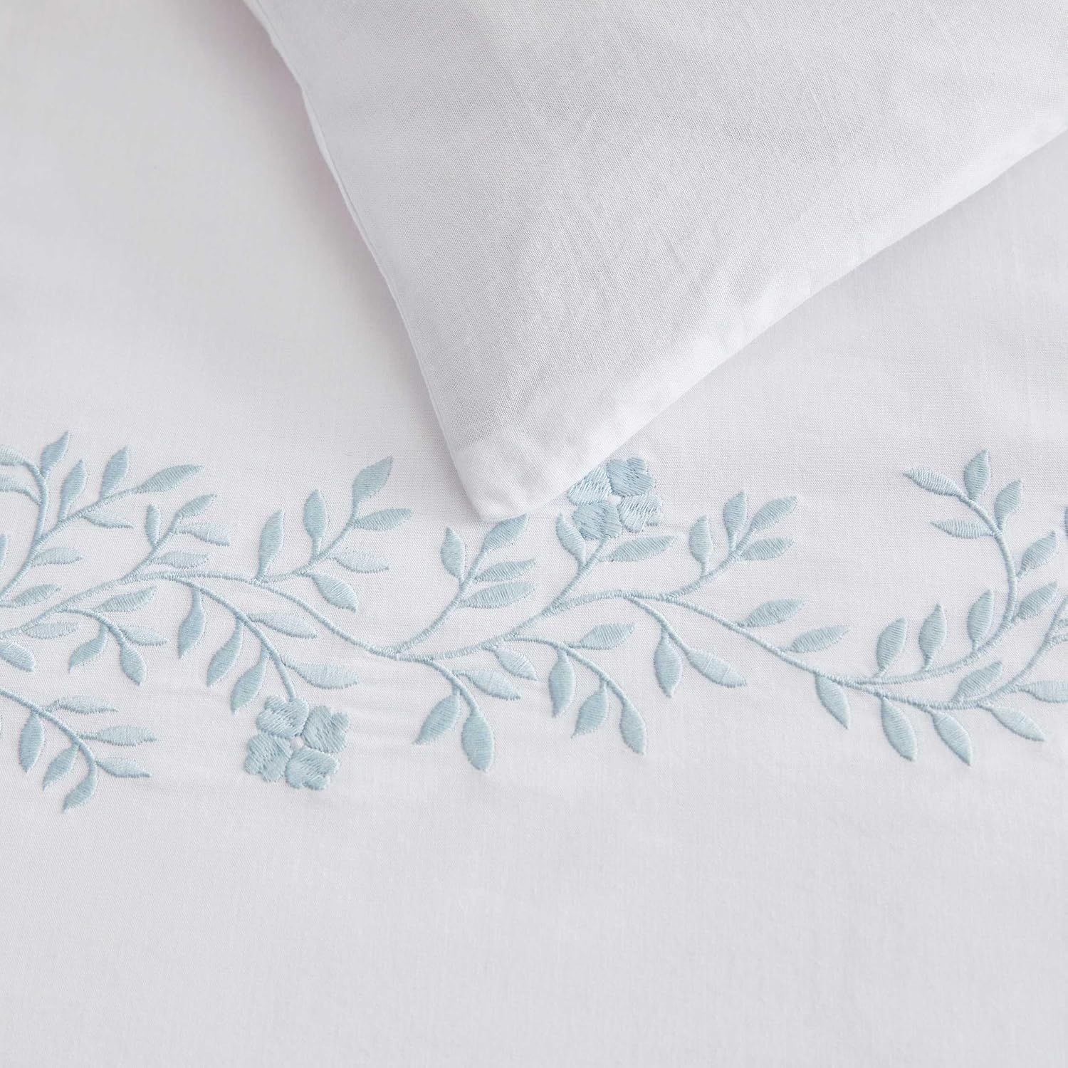 Martha Stewart - King Duvet Cover Set, 100% Soft Cotton Bed Set with a Smooth Cotton Percale Reverse, 3 Piece Floral Bedding with Matching Pillowcases (Garden Path Embroidery Blue)