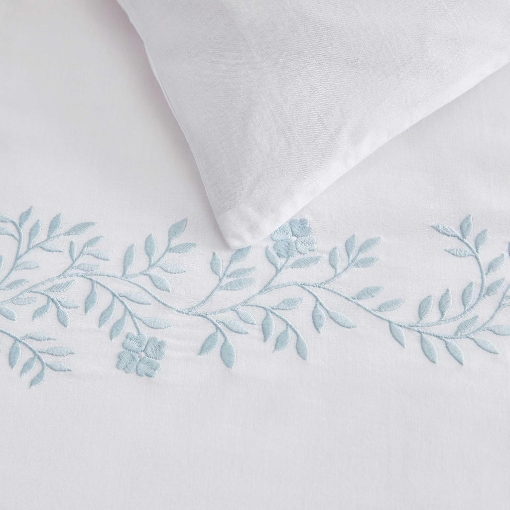 Martha Stewart - Queen Duvet Cover Set, 100% Soft Cotton Bed Set with a Smooth Cotton Percale Reverse, 3 Piece Floral Bedding with Matching Pillowcases (Garden Path Embroidery Blue)