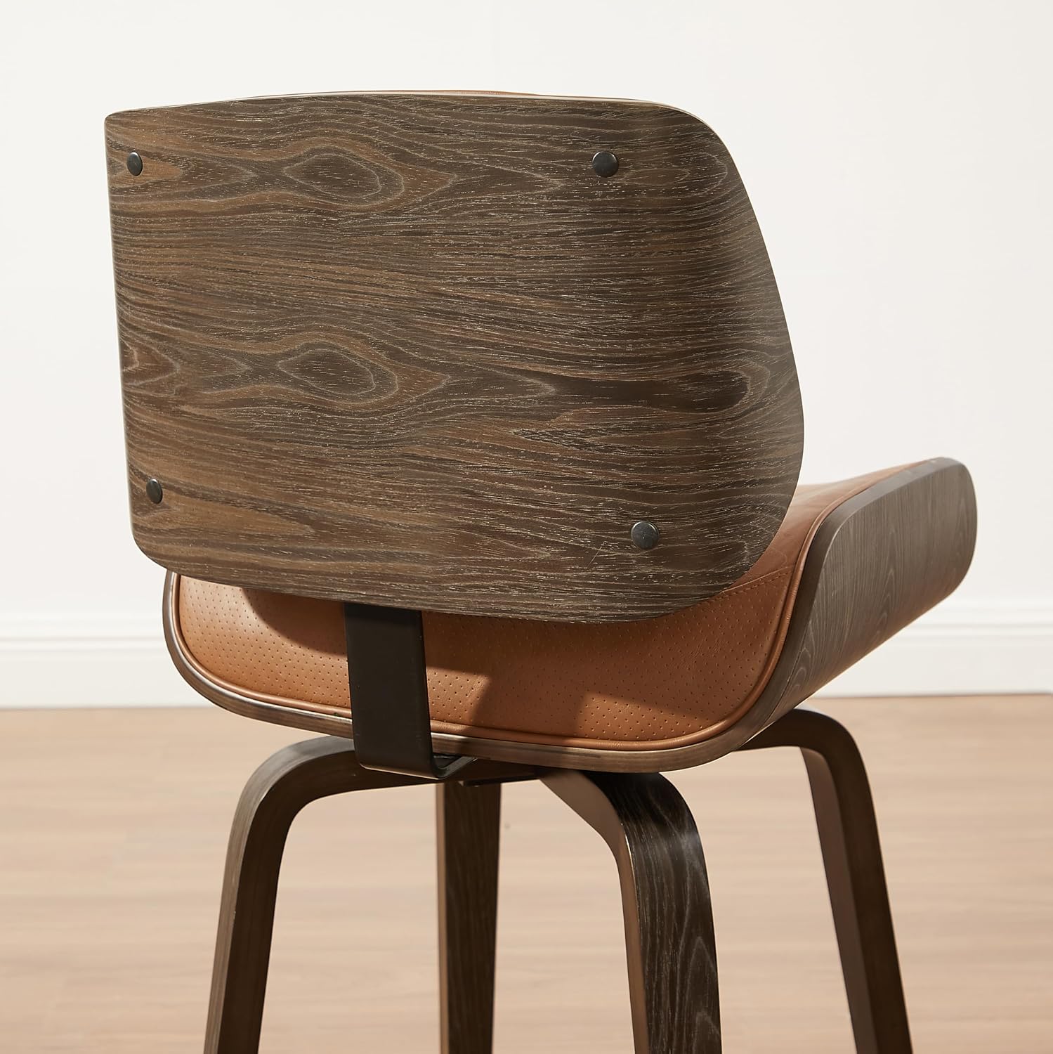 Zouron Swivel Dining Chairs Set of 2, Mid Century Modern Upholstered Faux Leather Chair with Black Oak Bentwood and Wood Legs for Kitchen Dining Room, Thickened Cushion, Button Brown