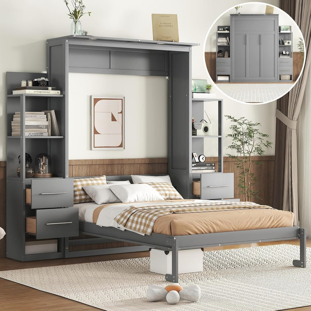 MERITLINE Queen Murphy Bed with Storage Shelves,Bookcase,Drawers & LED Lights,Wood Murphy Wall Bed Cabinet for Adults