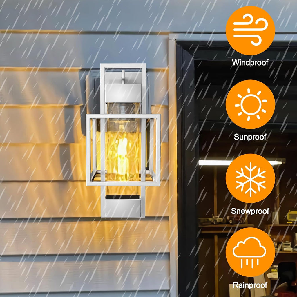 PARTPHONER Modern Outdoor Light Fixtures Dusk to Dawn Outdoor Lighting 2 Pack, 15' Exterior Wall Sconce Waterproof Outside Porch Light for House with Water Glass for Garage Doorway Silver